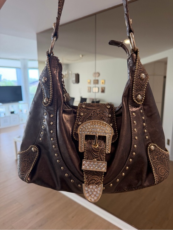 Handbags - Women's Embossed Brown Shoulder Bag with Crystal Buckle